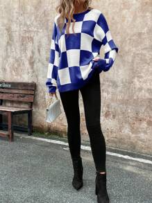 SHEIN LUNE Áo len ấm áp kẻ caro màu cam cho nữ vào dịp Giáng sinh, mùa đông, áo dài tay - Màu xanh lam - Xem 6