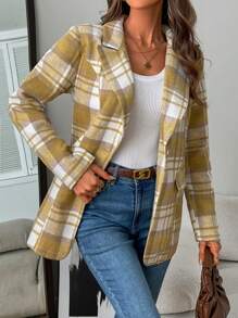 Chiquease 女式格子立领长袖优雅办公室西装外套，秋季