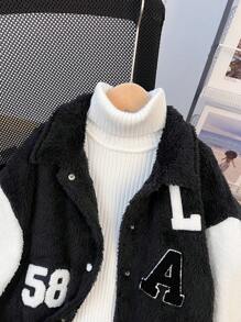 SHEIN Tween Girl Reversible Fleece Classic Black & White Color Block Collar Numeric & Letter 3D Embroidery Fashion Versatile Jacket, Autumn/Winter - Black - View 3