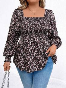 SHEIN LUNE Plus Size Square Neckline Long Sleeve Floral All-Over Print Top, Casual Everyday Wear - Multicolor - View 5