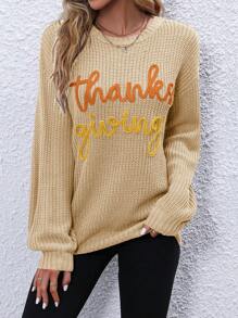 SHEIN LUNE Women Casual Everyday Letter Graphic Round Neck Oversized Sweater For Autumn/Winter Knit Pullover Fall - Apricot - View 3