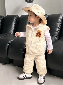 SHEIN 男婴 2 件套休闲可爱熊刺绣绗缝立领拉链口袋背心和裤子套装，适合秋冬日常穿着 - 杏色 - 查看 6