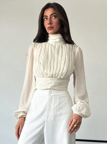 Aloruh 女士杏色立领长款泡泡袖收褶短衬衫，适合秋季约会 - 杏色 - 查看 6