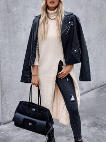 Chiquease Women High Neck Drop Shoulder Long Sleeve High Slit Loose Sweater, Autumn/Winter Knit Pullover Fall Outfit