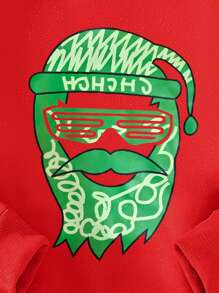 Young Boy Winter Fleece Crew Neck Sweatshirt, Red, Christmas Style With Santa Claus & Fluorescent Green Graphic, Casual Loose Comfortable Streetwear, Family Matching Set