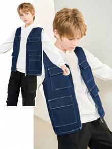 SHEIN Tween Boy Fashion Casual Multi-Pocket Design Blue Denim Sleeveless Cargo Vest For Dailywear And Fall/Winter Kids Clothes - Blue - View 2