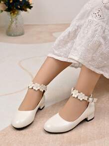 Girls Pearl Flower Decor PU Ankle Strap High Heel Shoes, Suitable For Wedding And Festival - White - View 4