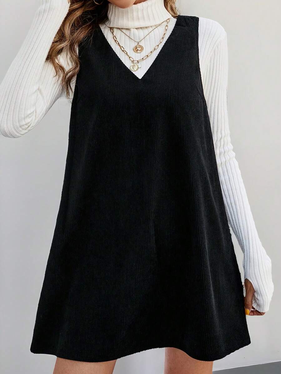 SHEIN PETITE Solid V Neck Corduroy Dress Without Sweater Fall/Winter Dresses - Black - View 1