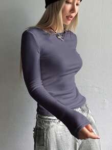 DAZY 纯色圆领长袖保暖T恤女式上衣，秋冬季保暖内衬 - 紫羅蘭色 - 查看 4