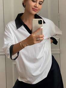 DAZY Women's Casual Loose Contrast Color Drop Shoulder Polo Neck T-Shirt, Summer Oversized T-Shirt