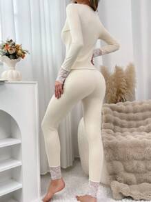 Conjunto de ropa interior térmica para mujer de escote en V slim con patchwork de encaje