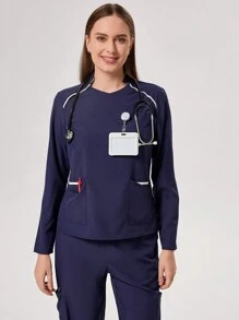 TaskEZ 对比色边饰长袖上衣和裤子护理手术服套装 - 藏蓝色 - 查看 4