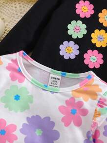 SHEIN 3pcs/Set Baby Girl Cute Versatile Knitted Floral Pattern Ruffle Long Sleeve Tops - Multicolor - View 6