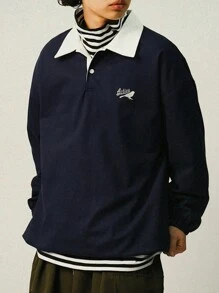 DAZY Camisa polo con bloqueo de color y bordado de letras para hombres, para otoño