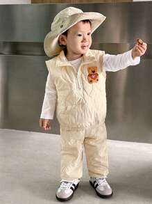 SHEIN 男婴 2 件套休闲可爱熊刺绣绗缝立领拉链口袋背心和裤子套装，适合秋冬日常穿着 - 杏色 - 查看 1