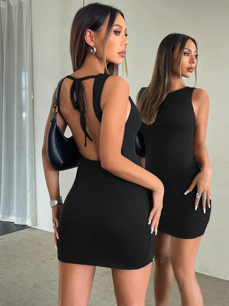 INAWLY Vestido mini elegante de mujer con espalda abierta y tirantes con lazo en color negro - Negro - Añade 7