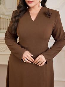 Modelyn 大码纯色 3D 花卉装饰长袖简约休闲连衣裙长款晚礼服 - 咖啡棕 - 查看 5