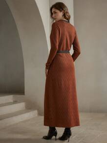 Anewsta 女式休闲前开腰系带撞色长款开衫 - 棕色 - 查看 2