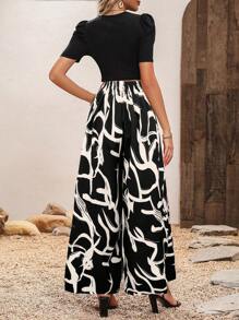 Breezaya 2pcs Women Summer Set - Black Knit Top & Leaf Print Wide Leg Pants - Multicolor - View 2