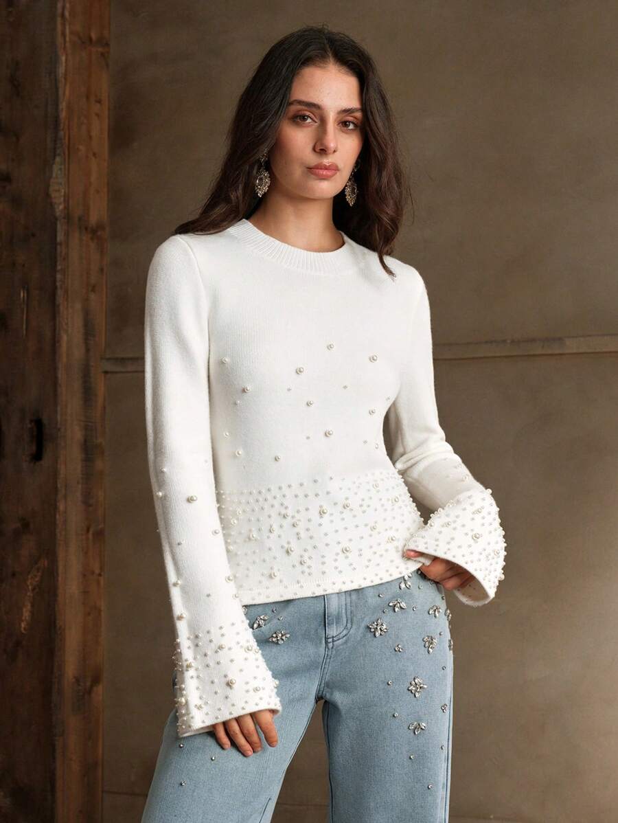 Anewsta 圣诞优雅圆领喇叭袖珍珠缀饰针织毛衣，秋冬