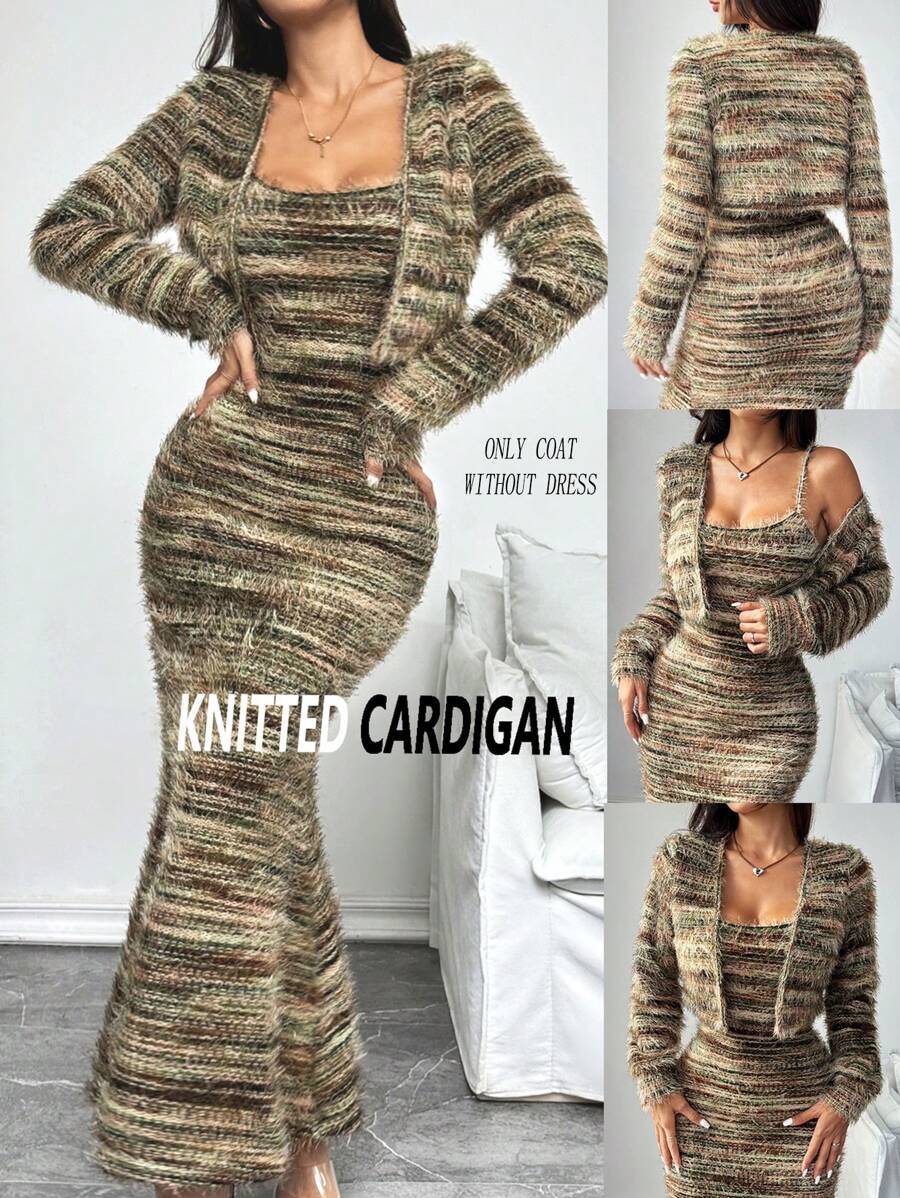 RosyDaze 复古秋冬短款毛呢原创设计混色针织高弹力休闲聚会居家开衫长袖外套性感仅外套不含连衣裙