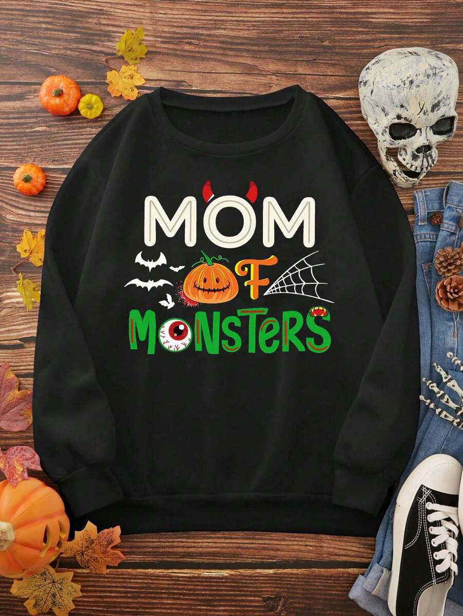 Family Matching Halloween: Women's Casual Loose Fit Long Sleeve Sweatshirt With Monster Mom Text And Bat Pattern Print Pullover Fall Sweatshirt - Black - View 1