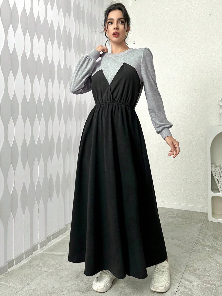 Seusyu 1pc Women Splice Cinched Waist Long Sleeve Hoodie Pullover Fall Outfit - Multicolor - View 1