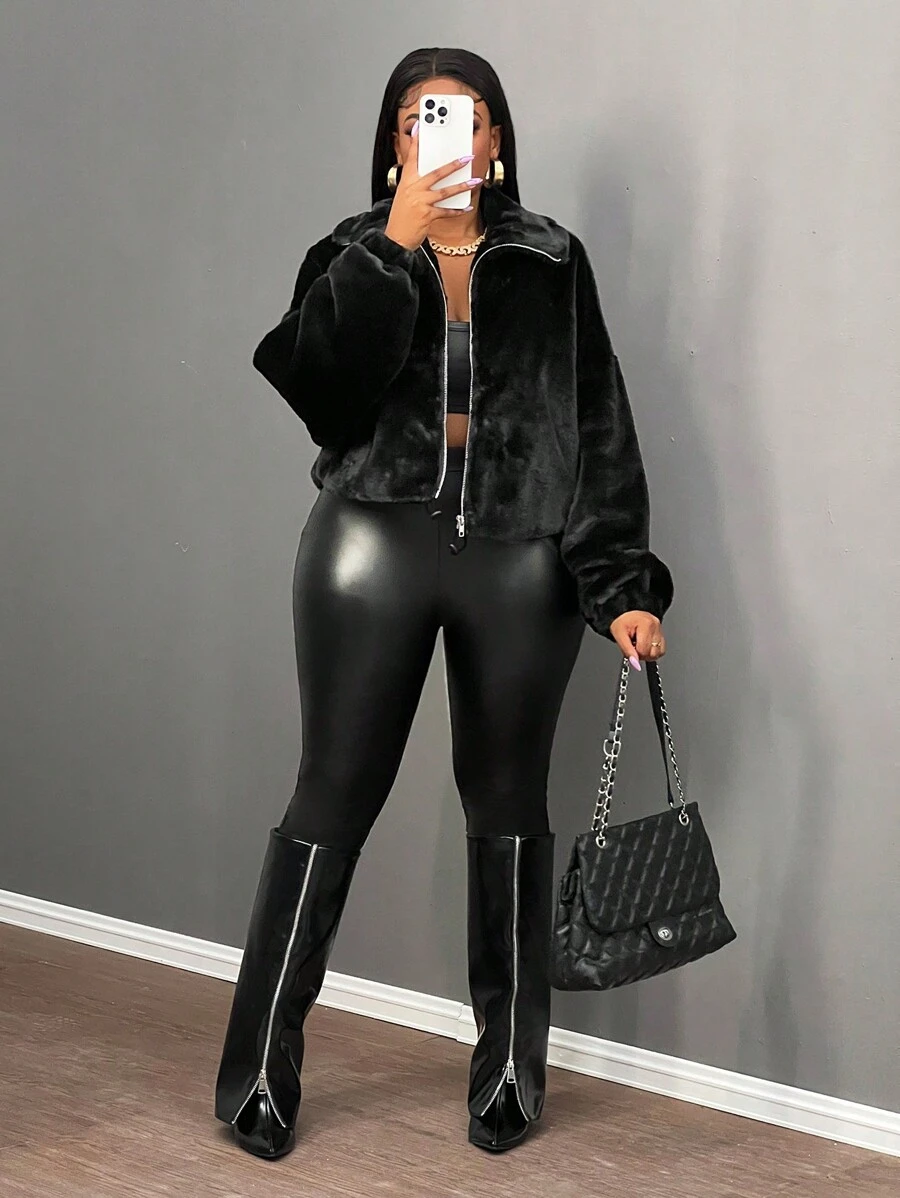 Slaydiva Áo khoác dài tay giả lông thú cao cấp, thiết kế tinh tế, họa tiết chữ cái, kiểu dáng đơn giản, thoải mái dành cho nữ, thích hợp cho Ngày Valentine hoặc Tiệc năm mới. - màu đen - Xem 1