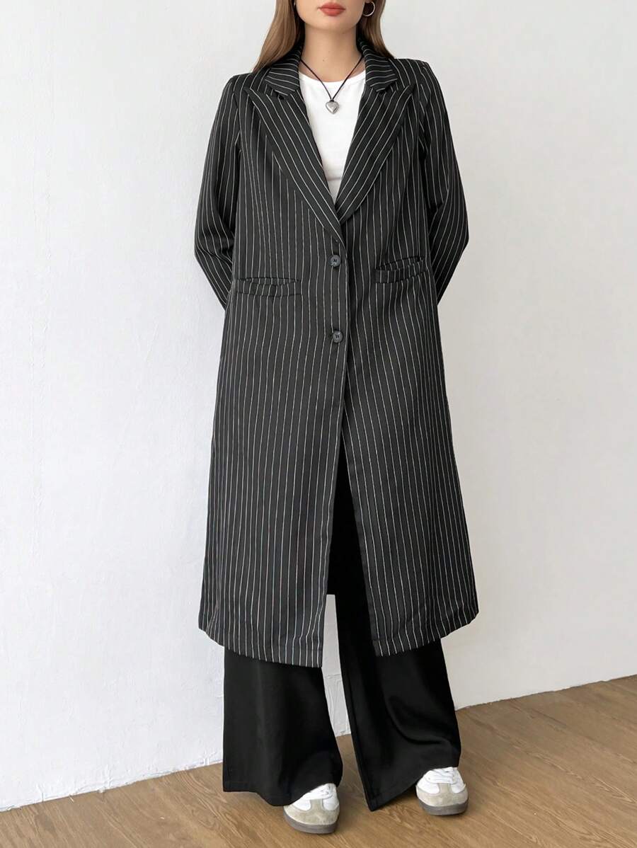 SHEIN Unity European And American Fashion Niche Black And White Striped Women's Regular Jacket - Black - View 1