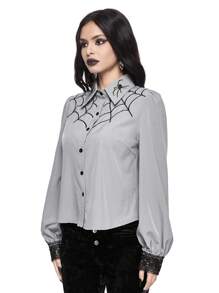 ROMWE Goth 哥特式蜘蛛网刺绣女式衬衫，可作为内层穿着 - 深灰色 - 查看 5