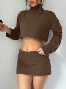 SHEIN Unity 2pcs/Set Women Solid Color Turtleneck Long Sleeve Top & Skirt, Casual Outfit Fall Cloth For Women - Coffee Brown - View 4