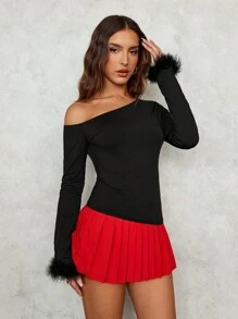 SHEIN SXY 1 chiếc áo phông dài tay màu đen có viền bất đối xứng, vai chéo, cổ tay lông vũ thanh lịch dành cho nữ, mùa thu/đông - màu đen - Xem 3