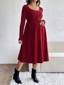 SHEIN Pregnant Women Solid Color Elegant Round Neck Button Decor Long Sleeve Dress, Decor Dress, Autumn, For Maternity - Burgundy - View 5