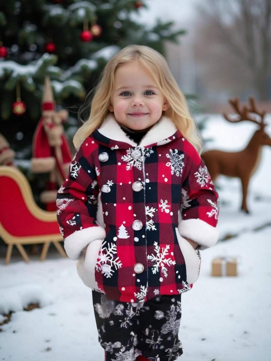 Young Girl Snowflake Plaid Print Button Up Hooded Padded Coat, Casual Daily Wear For Autumn/Winter - Multicolor - View 1