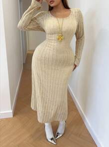 Flirla Fashion Versatile Elegant Lace Cover Up Long Sleeve With Spaghetti Strap Dress Set - Apricot - View 8