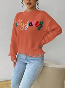 SHEIN Unity Women Letter Pattern Drop Shoulder Long Sleeve Loose Casual Sweater, Autumn/Winter Knit Pullover Fall - Orange - View 7