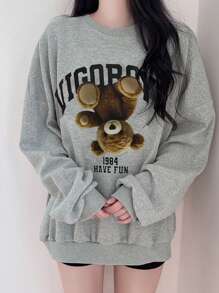 DAZY Women Casual Teddy Bear & Letter Print Drop Shoulder Loose Pullover Sweatshirt, Spring/Autumn,Fall Women Clothes - Grey - View 3