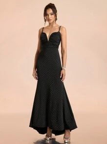 SHEIN Belle 圣诞节黑色水钻闪亮优雅性感深 V 领美人鱼下摆紧身连衣裙，正式晚会舞会礼服，适合婚礼嘉宾、毕业典礼、晚宴 - 黑色 - 查看 3