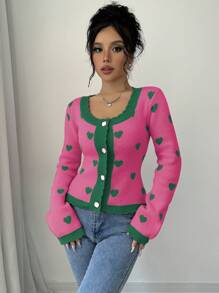 Elenzga Áo len cardigan dệt hoa hình trái tim dài tay một hàng khuy cho nữ - Màu Hồng Tươi - Xem 3