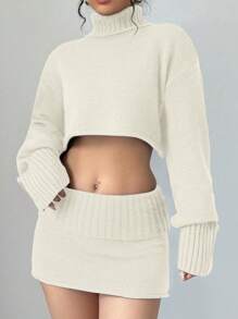 SHEIN Unity 2pcs/Set Solid Color Turtleneck Cropped Long Sleeve Top And Elastic Waist Skirt Sweater Set - Apricot - View 7