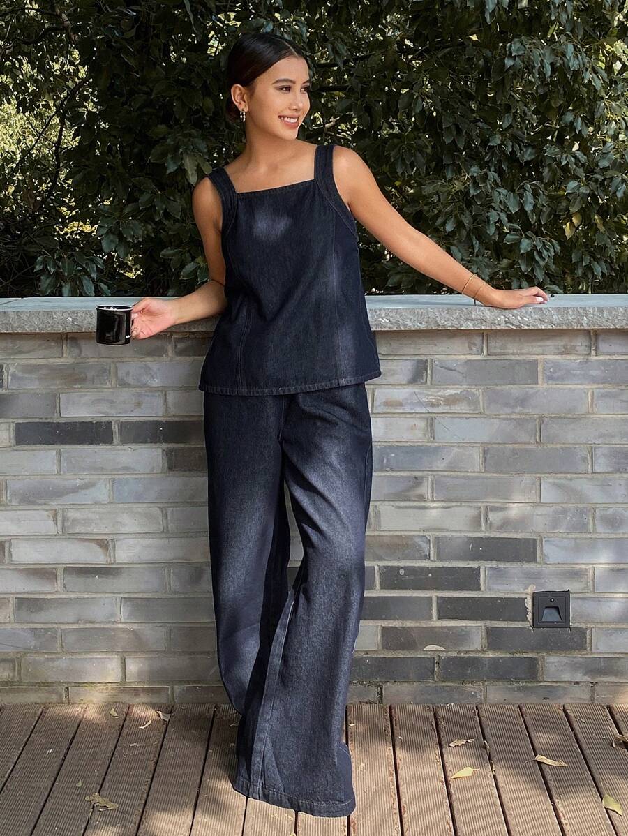 Livesso 女士休闲纯色背心和宽腿宽松牛仔裤 2 件套 - 深色水洗藍 - 查看 1