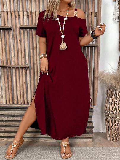 Plus Size Women Solid Color Asymmetric Neck Short Sleeve Side Split Hem Casual Dress Burgundy Women Outfit