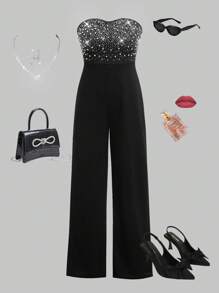 SHEIN Mono de punto acanalado con tachuelas de rhinestone en unicolor para adolescentes