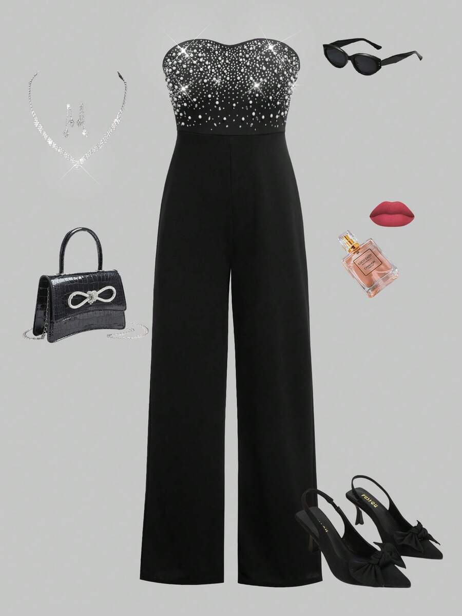 SHEIN Mono de punto acanalado con tachuelas de rhinestone en unicolor para adolescentes