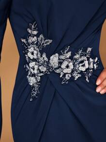 Serin Vestido de mujer elegante de gris y rosa con tela de gasa, cuello redondo, manga larga transparente, detalle de pliegues, apliques de lentejuelas, bajo con cola de pez, adecuado para que las madres asistan a ceremonias de boda, eventos, fiestas y ocasiones formales como madre de la novia
