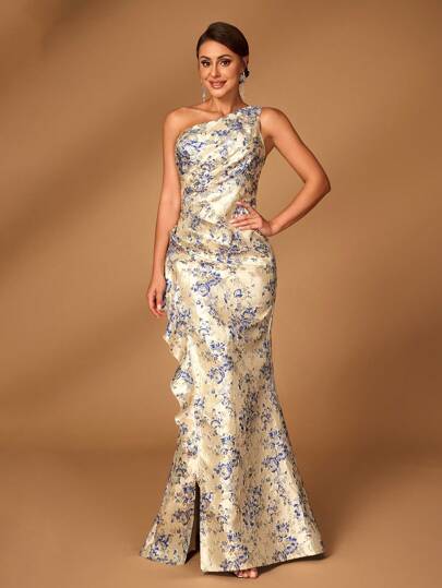 Serin Elegant Champagne Jacquard Satin One Shoulder Pleated Ruffled Fishtail Slit Perfect For Weddings, Bachelorette Parties, Holidays, Mother Of The Bride Evening Gown