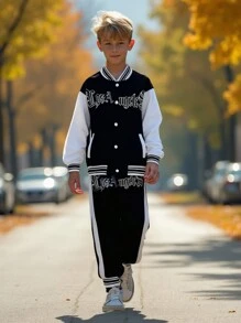 2st/set Tween pojkar tryckt långärmad baseballjacka och byxor - Svart och Vitt - Visa 1