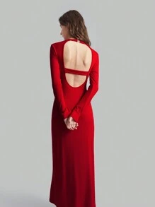 Ontre 女士红色圆领露背修身圣诞派对礼服，节日季节修身设计 - 紅色 - 查看 8