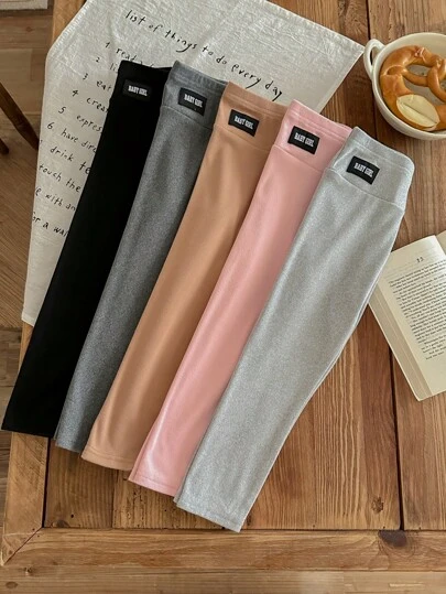SHEIN LMoss Kids Compre 1 y lleve 4 gratis, set de 5 piezas de polainas ajustadas de unicolor con estampado de letras para niñas, ideal para usar de forma casual, diaria y escolar en Navidad, ropa de invierno para niñas, ropa de Navidad, ropa de fiesta, ropa diaria escolar, ropa de cumpleaños, ropa de princesa, a juego para mamá e hija y hermanas