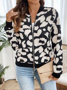EMERY ROSE Women Casual Leopard Print Baseball Collar Jacket, Autumn - Black and White - View 7